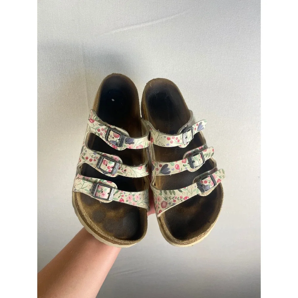 Birkenstock Florida Floral Three Strap Slide Sandals Cream Multicolor Size 36